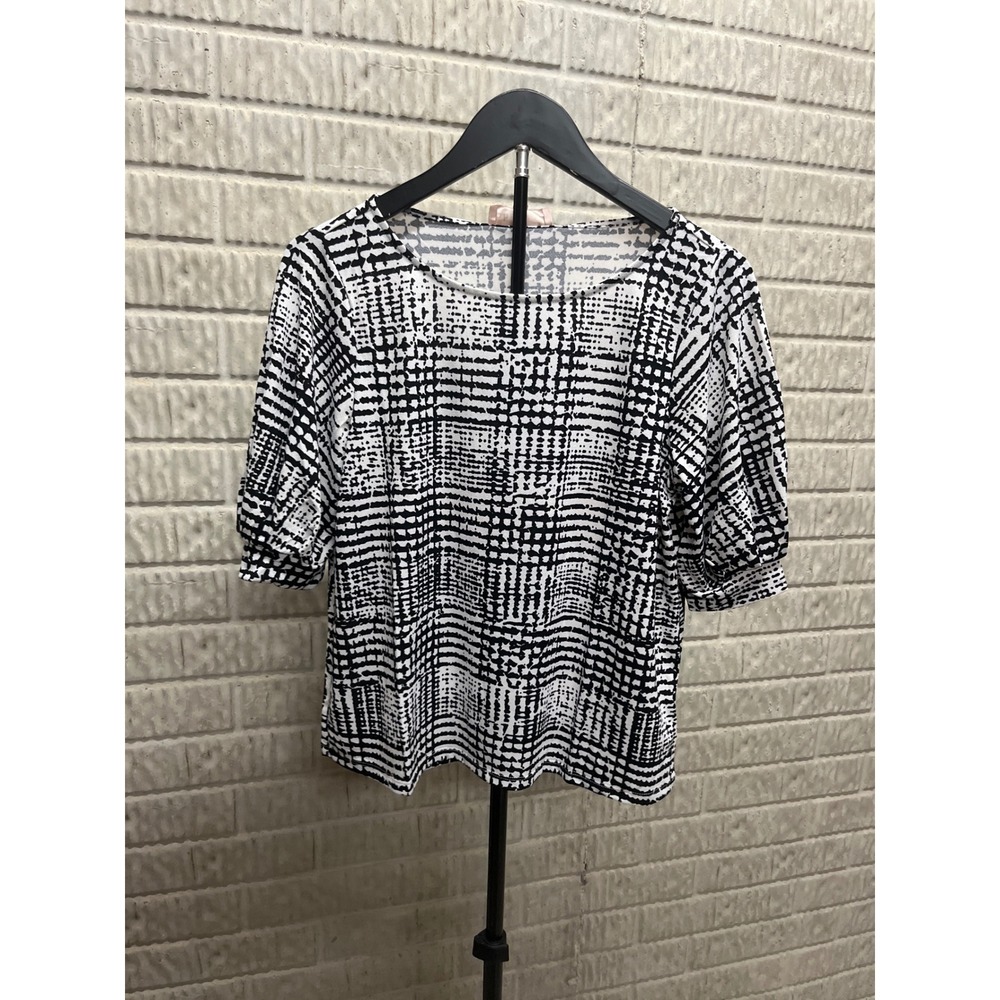 Philosophy Republic Clothing Womens Black White Abstract Print Puff Sleeve Top S